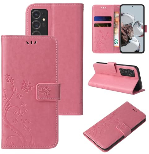 LBH Handy Hülle für Samsung Galaxy S24 Ultra Case Handytasche Schmetterling Blumen Flower Standfunktion Schutzhülle Magnet Rundum Schutz 360 Grad Flipcase Cover Rosegold
