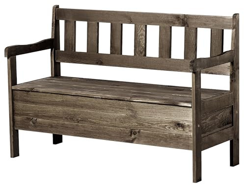 KADAX Banc de Jardin – 120 x 47 x 81,5 cm – en Panneau de Fibres de Bois – avec Espace de Rangement et Dossier – Résistant aux intempéries – pour Jardin, Balcon – Marron foncé