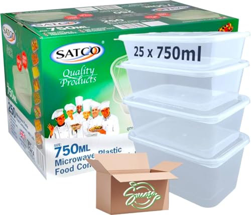Sucasa Plastic Food Takeaway Heavy Duty Satco Plastic Containers with Lids 25x750ml | Durable Microwavable | Heavy Duty | Takeaway | Reusable & Disposable