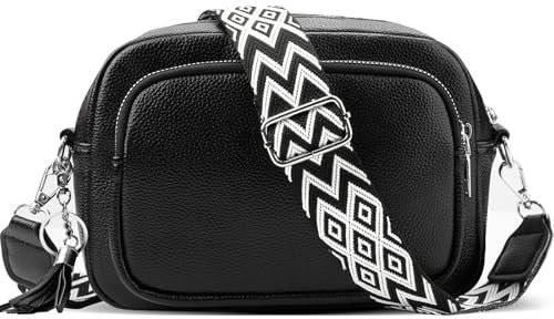 ferlord Damen Leder Umhängetasche, Crossbody Bag, Breiter Gurt, 3 Fächer, Schwarz, 21 x 15 x 8 cm