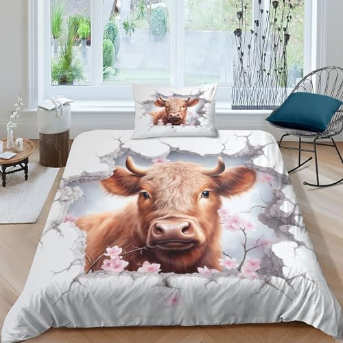 GNMRTFEAE Kuh Bettwäschegarnitur Bettbezug Set Für Kinder Mädchen Jungen Niedliches Tier Und Kissenbezüge Bettwäsche Weich Microfaser Reissverschluss 2 Teilig Single（135x200cm）