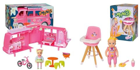 BABY Born, Puppenfahrzeug, aufklappbarer Wohnwagen & Minis Hochstuhl-Spielset mit Minis-Puppe Luna, Flasche und Teller, 906125 Zapf Creation