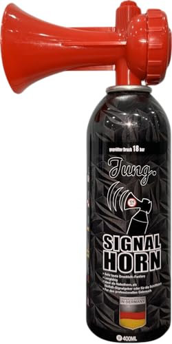 JUNG VA2 Druckluftfanfare Air Horn Profi Qualität 400ml, 150 Lange Signale, Fanfare Sportveranstaltung, Europameisterschaft, EM WM, als Warnsingnal, Hupe Tröte Drucklufthupe Gashupe Fantröte Airhorn