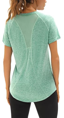 Wayleb Sport T-Shirt Damen V-Ausschnitt Sportshirt Kurzarm Oberteile Sommer Funktionsshirt Leichtes Atmungsaktiv Back Mesh Laufshirt Fitness Yoga Top Sportbekleidung, Grün S