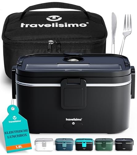 TRAVELISIMO Scaldavivande Elettrico Portatile Extra Grande 1,8L 80W Porta Pranzo Riscaldabile, 220V/12V/24V Scalda Vivande Portatile Elettrico per Auto Camion e Ufficio, Schiscetta Pranzo Riscaldabile