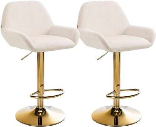 CLP Lot de 2 tabourets de Bar Braga en Velours Structure dorée I Réglable en Hauteur et pivotant à 360° I Chaise de Bar Moderne, Couleur:crème