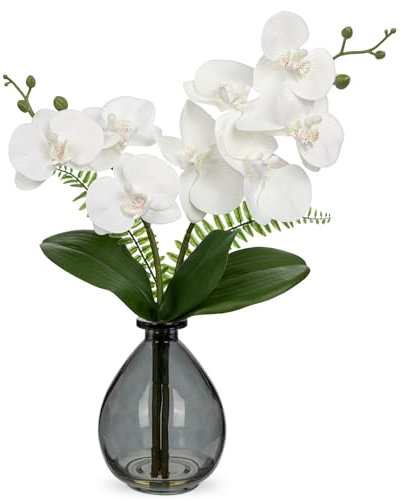 Hollyone 15'' Artificial White Orchid Flower in Vase, Fake Orchid Plant with Glass Vase, Decorative Faux Phalaenopsis for Wedding, Centerpiece, Bathroom, Living Room, Windowsill, Desk, Home Decor