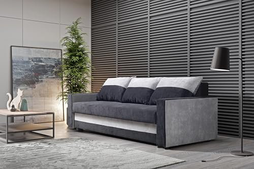 KIER FURNITURE Couch mit Schlaffunktion RAFI - 220 cm Lang - 3-Sitzer Wohnzimmer Sofabett - Schlafsofa mit Bettkasten und Armlehnen - Große Liegefläche 140 x 190 cm - Samt Schwarz und Grau