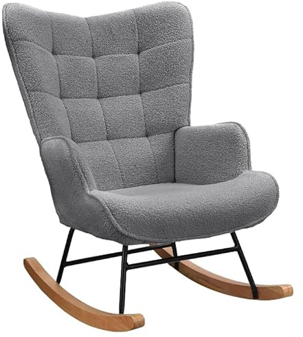 Lazyspace Schaukelstuhl Relaxsessel Stillsessel Schaukelsessel Wohnzimmersessel Schwingsessel mit Metallgestell und Holzsockel, Belastbarkeit Bis 130 Kg, Teddystoff, Dunkelgrau, 75 x 68 x 92 cm