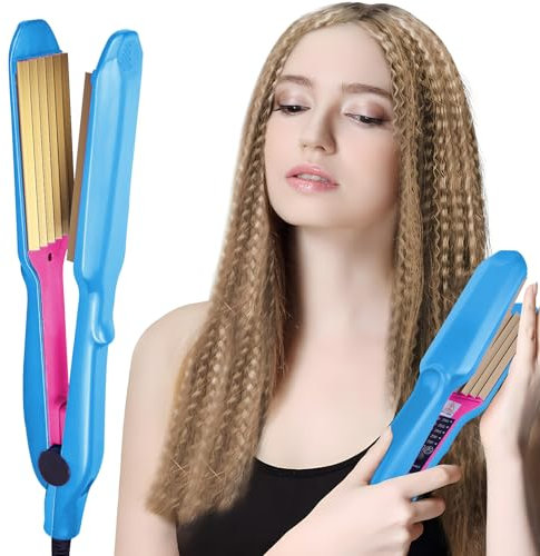 FTJKGH Hair Crimper for Women and Girls, Professional Crimping Iron, Corrugation Crimper Hair Iron with 5 Heat Setting, Plates Hair Styling Tools Crimper, Wide Hair Crimper Iron for Fluffy Corn (Blue)