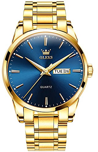 OLEVS Herrenuhren Goldene Blau Edelstahlarmband Quarz Uhr Männer mit Wochentag Datum Wasserdicht Leuchtende Klassische Elegantes Armbanduhr Geschenk