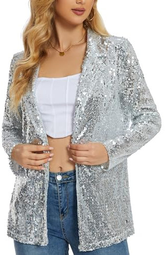 Ypser Damen Pailletten Blazer Open Front Sparkle Jacke Glitzer Mantel für Abend Party, silber, L/XL