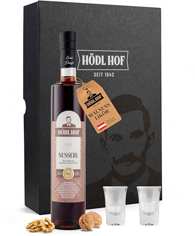 Hödl Hof Geschenkset inkl. 0,5L Walnuss-Likör & 2 Schnapsgläser I Hochwertiger Nusserl-Likör mit Walnüssen I Feinster Premium-Likör ideal als Geschenk I Edle Spirituose 25% vol
