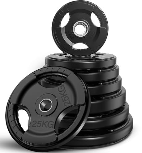 FK Sports Standard Weight Plates - Cast Iron Weight Plates with Rubber finish, 1” opening, 2.5kg, 5kg, 10kg, 15kg, 20kg, 25kg Tri Grip Barbell Weights, Gym Equipment, Sold in Pair (25 Kilograms)