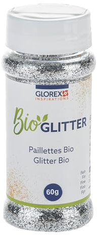 Glorex 6 2820 401 - Bio Glitter fein, 60 g in der Farbe Silber, Glitzer bestehend aus Zellulose, zum Verzieren von Grußkarten, Bastelarbeiten uvm.