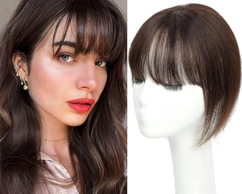Fine Plus Topper für Frauen mit Pony 360 Haarteile Echthaar für Dünnes Haar 100% Echthaar Extensions mit Clip in Pony - Medium Brown