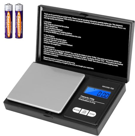 Oderra Balance de Precision 700g/0.01g, Balance à Bijoux Portable Avec Écran LCD Rétroéclairé, Contient 2 Piles, Idéal pour Les Bijoux, L'or, Le Café, Les Herbes et La Nourriture