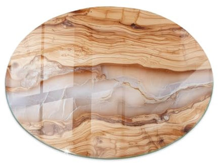 Plateau de Table ⌀ 80 cm en Verre Verre Trempé pour Le Salon, la Cuisine et la Salle à Manger Décor Élégant Durable Decoratif Surface Lisse - Motif Bois Naturel avec résine
