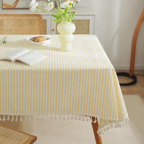 meioro Striped Tassel Table Cloth Rectangular Tablecloth, Apricot,260×140cm | Cotton Blend Table Cover, Yellow and White Gingham Tablecloths, Washable Outdoor Table Protector for Boho Farmhouse Dining