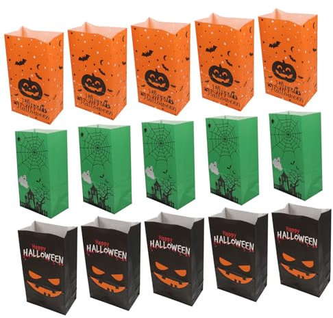 DINHEAROM 30 Stück Halloween Süßigkeitstaschen Papiertüten mit Grünem Spinnennetz Schwarzem Gesichtsdesign und Orangefarbenem Kürbis Partygeschenke für Halloween Feiern