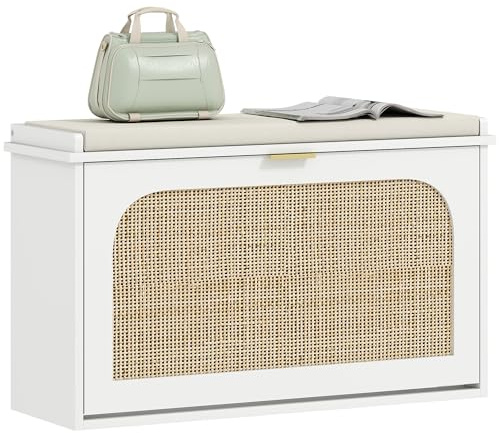 HOMCOM Schuhbank, schmale Aufbewahrungsbank, gepolsterte Sitzfläche, Rattantür, klappbare Schublade und verstellbares Regal, Bohemian Style, für Eingang, Flur, 80 x 26 x 47,5 cm, weiß