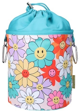 bellaCott Tragbarer Wäscheklammerbeutel Smiley Blumen – Ø18 x 31 cm, 100% Baumwolle, mit Kordelzug & Karabinern, Bunte Aufbewahrungstasche für Haushalt, Garten & Camping