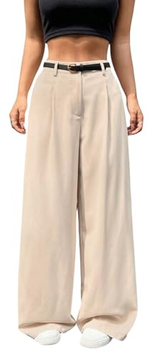 SweatyRocks Anzughose Damen Elegant Stoffhose Mit Gürtel Bundfaltenhose High Waist Freizeithose Wide Leg Hose Business Outfit Old Money Style