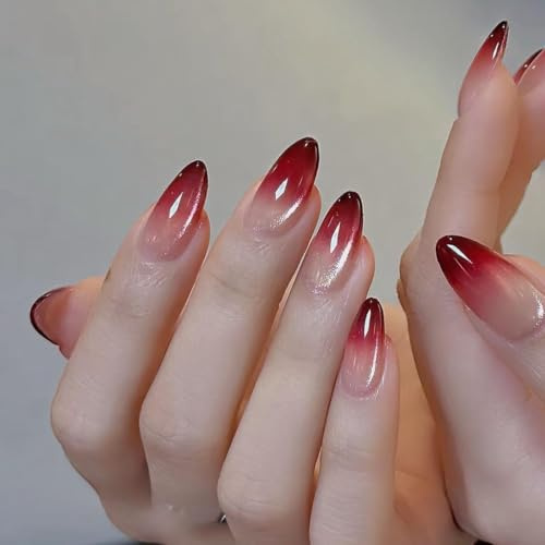 SXVME Cat Eye Press on Nails Almond, Glitter Ombre Red Press on Nails Medium, Sparkly Soft Gel Fake Nails Set, Bling Chrome French Glue on Nails Medium Stiletto for Women 24 Pcs