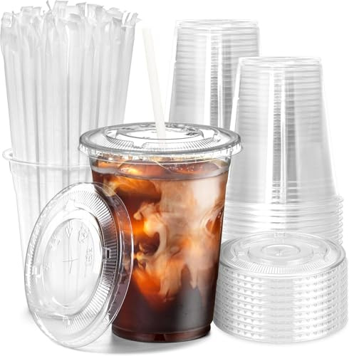 KAHEIGN 50Pcs Clear Plastic Cups with Lids and Paper Straws, 480ml Plastic Coffee Tumbler Reusable Drink Cup Elegant Party Beverage Glasses for Iced Coffee Smoothie Milkshake Cold Drink Party Catering