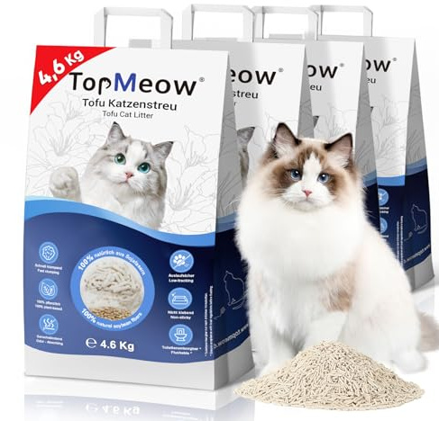 TopMeow Tofu Katzenstreu 18,4 kg, pflanzliche Klumpstreu, 4 × 4,6 kg | Aus Sojafasern, Maisstärke und Guarkernmehl, staubarm, schnell klumpend, geruchsbindend, ohne künstliche Duftstoffe