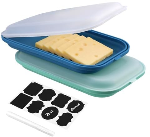 Set mit 2 Aufschnittbox Fresh Silikonmaterial für Käse, Aufschnitt, Fleisch | Aufschnittbox stapelbar,Frischhaltedosen mit Deckel,für Gefrierschrank, Mikrowelle und Spülmaschine (Blau+Cyan)