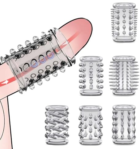 6er Penismanschetten,mit unterschiedlichen Reiznoppen,Penis Sleeve Transparente Wiederverwendbare Penishülle für Penisvergrößerung,Blutstau-Effekt,Penis Sleeve Erbessern Ausdauer &Sensibilität