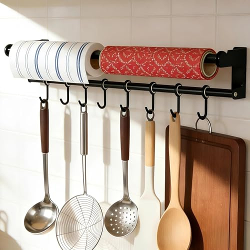 HECHKJ Stange für Küchenutensilien 60 cm, Hakenleiste Küche mit 8 Haken | Multifunktionales Küchenstange, Küchenreling mit Montageanleitung, für Pfannenwender, Schneidebrett, Löffel