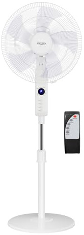 ROVSUN 16 Pedestal Fan with Remote Control - 3 Speed 5 Blades Floor Fan with Wide Angled Oscillation - 115cm-130cm Adjustable Height, 7.5 Timer, for Home Offices Bedroom (White)
