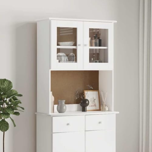 YNGBHFNOP Sideboard-Aufsatz ALTA Weiß 77x30x92 cm Massivholz Kiefer Vitrinenschrank Glastüren Stauraum Kommode Schrankaufsatz Wohnzimmer Esszimmer Küche