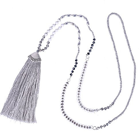 KELITCH Türkis Perlen Halsketten Mehrfarbige Lange Quaste Anhänger Halsketten Modeschmuck (Grau 1)