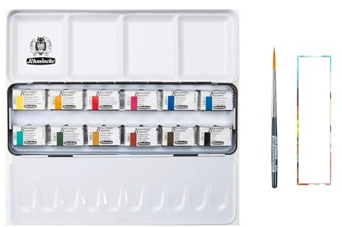 Schmincke Akademie Aquarellfarben 12 ganze Näpfchen im Metallkasten mit Synthetics Pinsel Reise