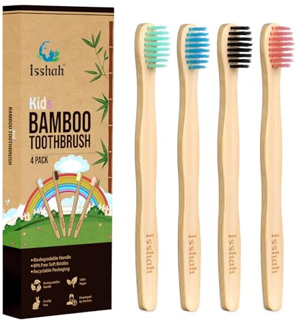 Kids Bamboo Toothbrushes - 4 Count - FSC Certified and PETA Approved, Biodegradable Handle BPA Free Eco Friendly Children Size