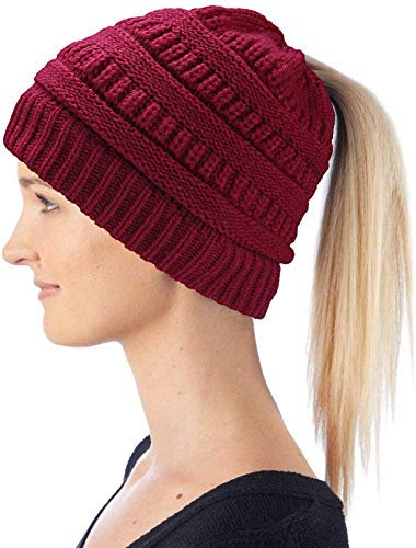 Hatstar Damen Beanie Mütze mit Zopfloch | Strickmütze für Pferdeschwanz | Ponytail Beanie gestrickte Mädchen Wintermütze | weich & warm (dunkelrot)