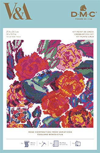 DMC Red Roses Cross Stitch Kit, Includes 5.5 pts/cm White Aida, Needle, Stranded Cotton Embroidery Thread and Cross Stitch Chart
