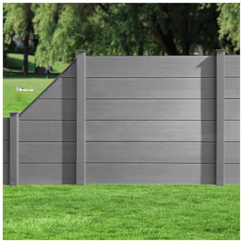 HORI WPC XXL Sichtschutz-Zaun, Steckzaun, Gartenzaun Komplettset beidseitig glatt 3x Quadr. + 3x Pf. + 1x Eck-Pf. zum Aufschrauben Zaun: Grau I Pf.: Grau