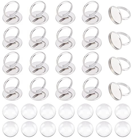UNICRAFTALE 20 Sets Verstellbare Fingerringherstellung Einstellungen Für Flache Runde Cabochonringe Fingerringbasis Mit Transparentem Glas-Cabochon (20 mm) Für Frauen, Männer, Ringherstellung