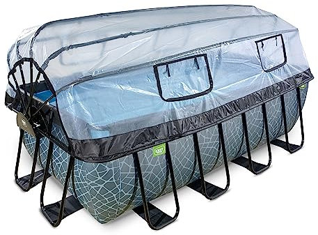 EXIT Toys Stone Pool mit Abdeckung - 400x200x122cm - Großer, Rechteckiger Rahmenpool mit Sandfilterpumpe, Wärmepumpe und Poolleiter - Extra tiefer Pool - Für Sauberes und Warmes Poolwasser - Grau