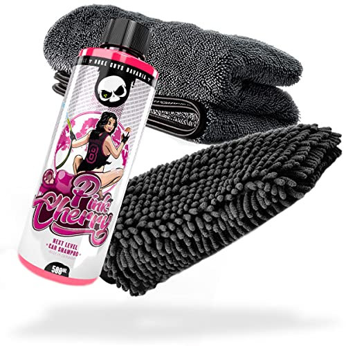 detailmate Auto Wasch- und Trockenset: Nuke Guys Pink Cherry Shampoo 500ml + Chenille Waschhandschuh + Trockentuch 1000 GSM - Für die ideale Autowäsche