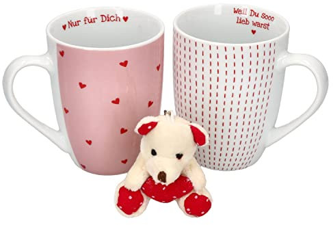 MamboCat Nina 2er Set Kaffeebecher rosa + 1x Bärchen-Schlüsselanhänger 200ml I, Hochzeit, Jahrestag I 2 Personen I Porzellan-Tassen für Heißgetränke I Tee-Pötte Pünktchen-Dekor