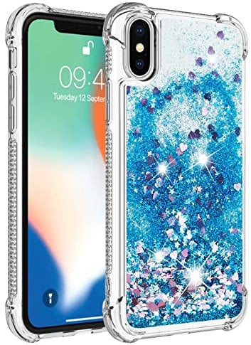 KBIKO-zxl Hülle kompatibel mit iPhone X Schutzhülle mit Flüssig Glitzer, Handyhülle Back Cover mit Glitter Flüssigkeit, TPU Silikon Transparent Schutzhülle für iPhone XS.Blue YBL