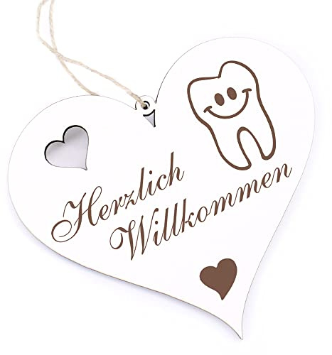 Herzlich Willkommen Schild - lachender Zahn - Deko Herz Holz Willkommensschild Türschild Dekoschild Türdeko