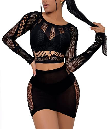 Buitifo Women Lingerie Set Sexy Mesh Two Piece Sets Long Sleeve Tops and Bodycon Skirts Sleepwear Nightwear Set(Black,M)
