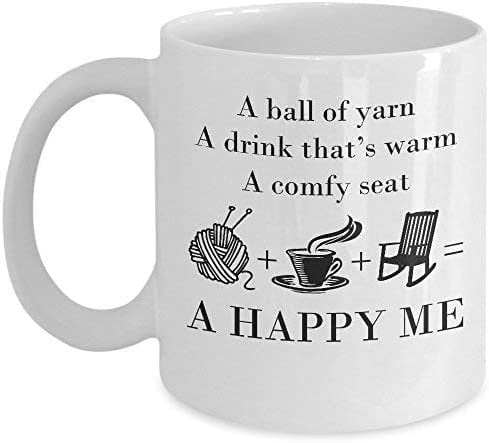 Great Crochet Gift A Ball of Yarn A Happy Me Coffee Tea Mug Unique 11oz White Ceramic Mug.