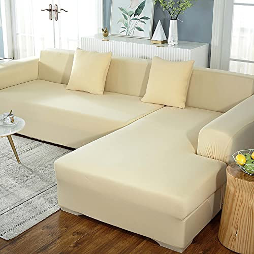Yidaxing Sofa Überwürfe Sofabezug Elastische Stretch Sofabezüge für L-Form Sofa Abdeckung mit 2 Stücke Kissenbezug (Beige, 2 Sitzer+3 Sitzer)